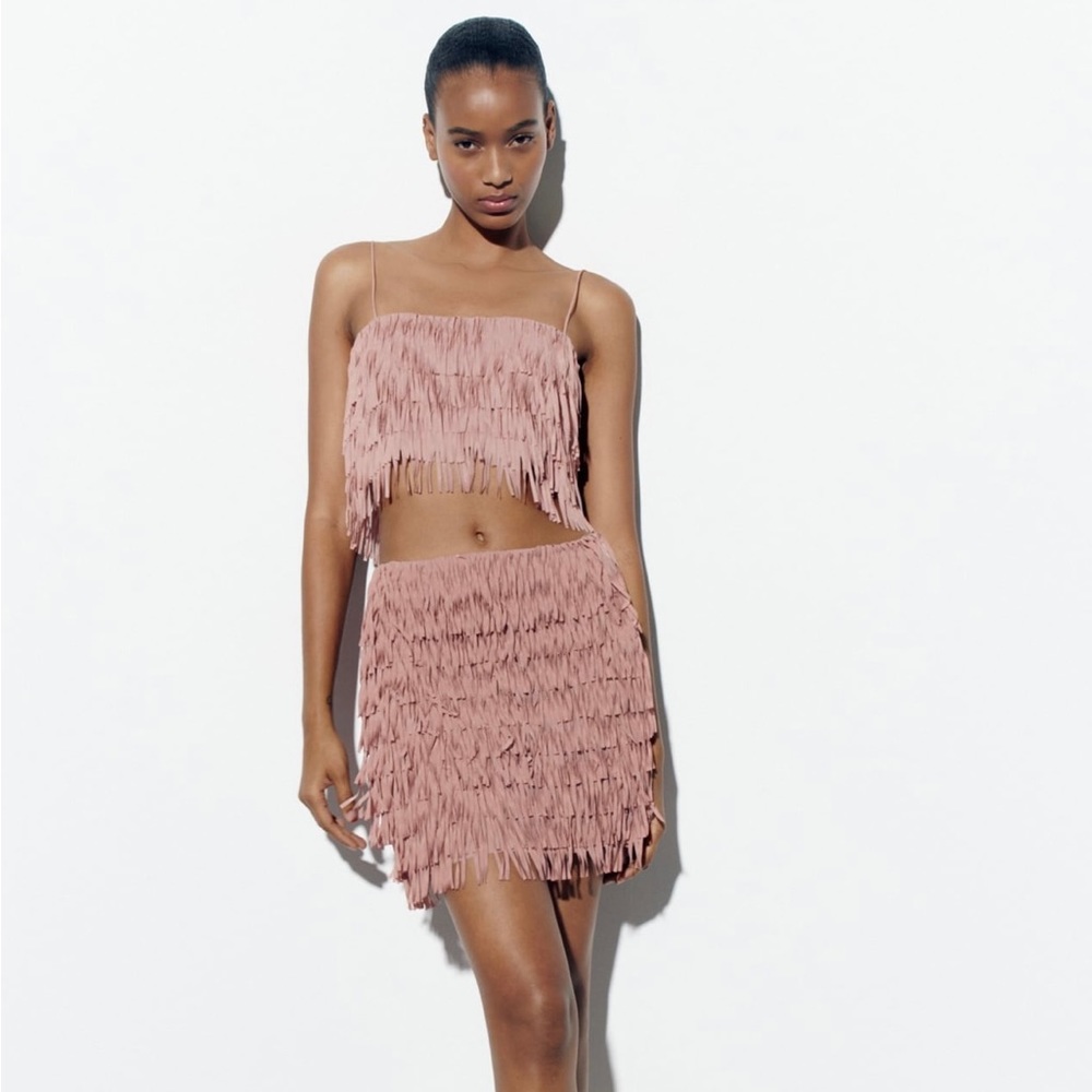 Zara fringed crop top and mini skirt size small